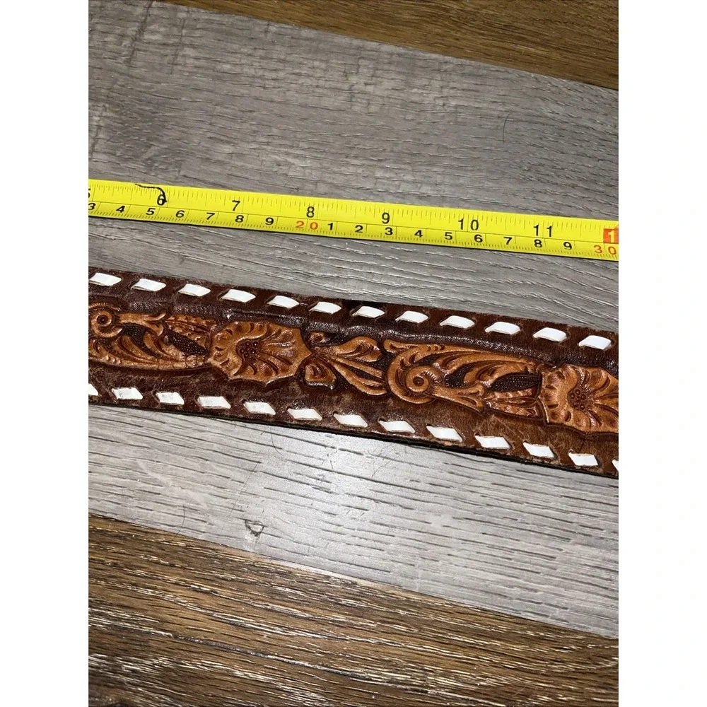 Vtg Tex-Made Tooled Leather Western Belt Size 38 Eagle Laced Snap On No Buckle